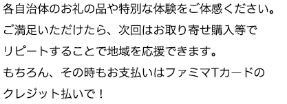 各自治体のお礼の品や特別な体験をご体感ください。ご満足いただけたら、次回はお取り寄せ購入等でリピートしてはいかがでしょう。もちろん、その時もお支払いはファミマTカードクレジットカード払いで!