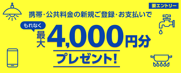 携帯・公共料金の新規ご登録・お支払いでもれなく最大Ｖポイント4,000ポイントプレゼント！