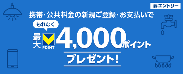 携帯・公共料金の新規ご登録・お支払いでもれなく最大Ｖポイント4,000ポイントプレゼント！